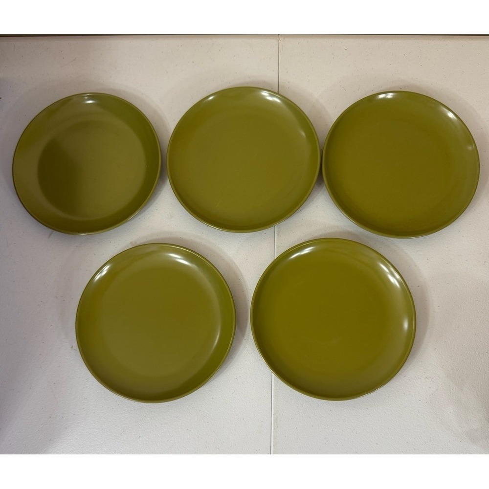 VTG Set Of 5 Avocado Green 5.75" Melamine Plates Allied Chemical Retro MCM